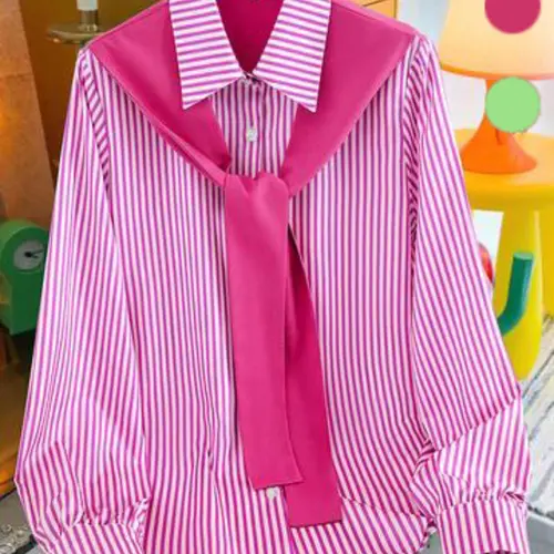 Women's Striped Print Tie Front Shirt Blouse, Casual Long Sleeve Collared Top for Spring & Fall, Women's Clothing for Daily Wear Blouses Shirts Tops