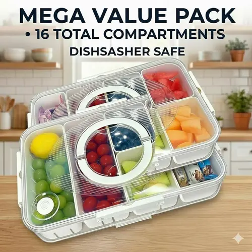 BPA-Free Plastic Compartmentalized Snack Containers (Set of 2) - 16-Compartment Transparent Dual-Layer Divider Tray, Lid, Handle, Leakproof, Portable Food Storage for Kitchen, Parties
