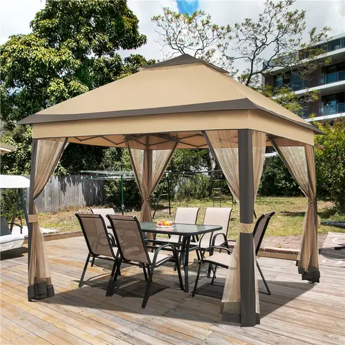 Yaheetech 11x11 ft Square Pop-Up Gazebo Frame Tent, Polyester Canopy with 4 Mesh Walls (Cuts Bugs), Double-Tiered Adjustable Roof, Fold & Carry Bag, Ground Stakes for Outdoor Patio Backyard Relaxation, Outdoor Shade Shelter, Gazebo Frame Tents