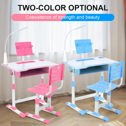OYAJIA Modern Adjustable Plastic Desk and Chair Set with Storage, Led Lamp, 13.8-16.1in Seat, 14.6x11.8in Reading Surface - Indoor Home Furniture, Pink/Blue for Kids