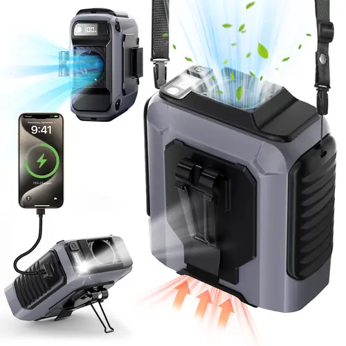 PADOX 5000mAh Power Bank Portable Rechargeable Fan with 5 Speeds & Flashlight, 5-in-1 Multi-Function Waist Clip Fan for Outdoor Camping Travel, Electronics Accessories #SummerWins #DealsForYouDays, Cooling Fan, Waist Cooling Fan