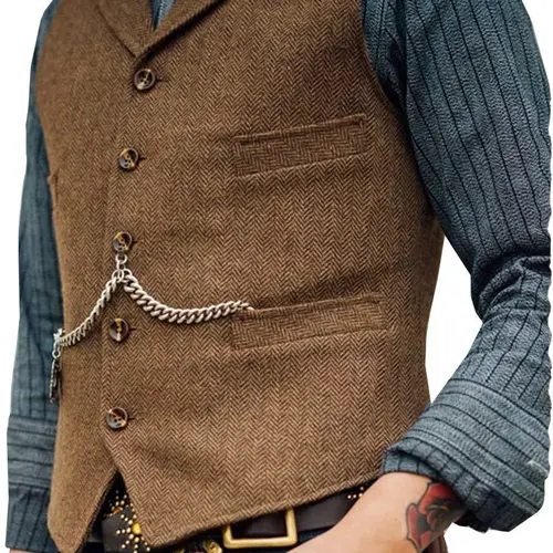 Mens Classic Cowboy Single Breasted Tweed Herringbone V-Neck Suit Vest Wool-Polyester Blend Steampunk Fashion Ideal for Vintage Outfits Business