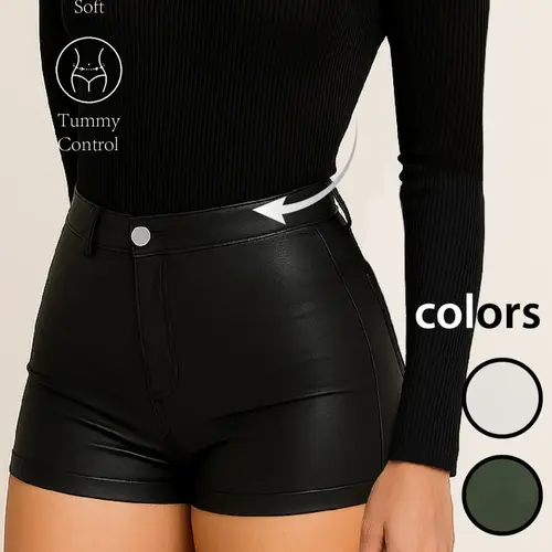 Women's High-Waisted Faux Leather Shorts, Basic Matte Slim-Fit Design, Comfortable Stretchy Fabric, Tummy Control, Elastic Bottom Shorts