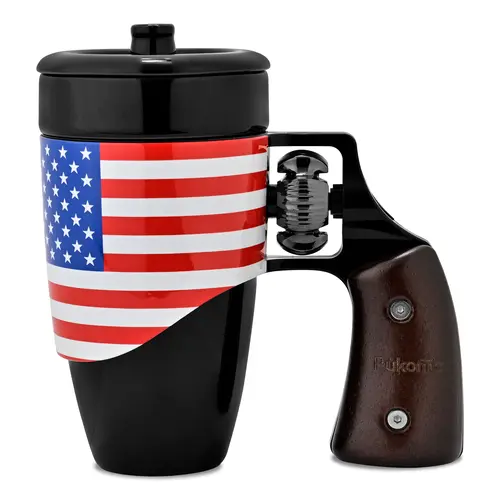 Pukomc Unique Rotatable Revolver Coffee Cup 16oz Ceramic Mug for FATHER Day Drinkware Tumbler with Stainless Steel Revolver Handle Reusable Black Reuse Washable