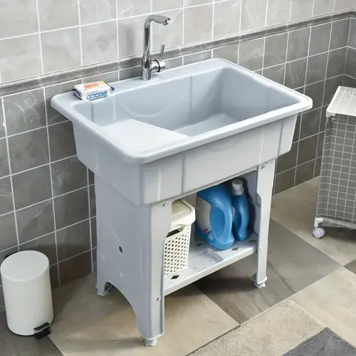 CNCEST Freestanding Laundry Sink Wash Tub with Washboard, Faucet, Storage Cabinet, 31.5" Height Utility Sink, 154lb Capacity, Rotatable Hot-Cold Spout, 1* Drain Pipe, Lightweight Bathroom Fixture for Garage, Outdoor, home essentials