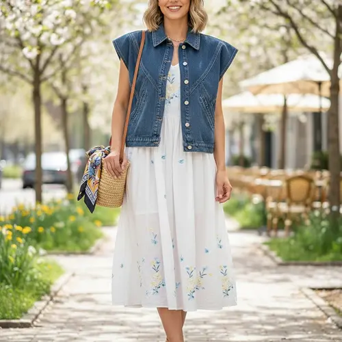 Elengatine Minimalist Rounded Collar Wide Shoulders Denim Top with Slit Pockets For All Seasons,Bohemian Style Vintage Cool Denim Vest For Lady, Basic Casual Button-front Closure Denim Jacket Coat Womenswear Chic Piece Statement Twist