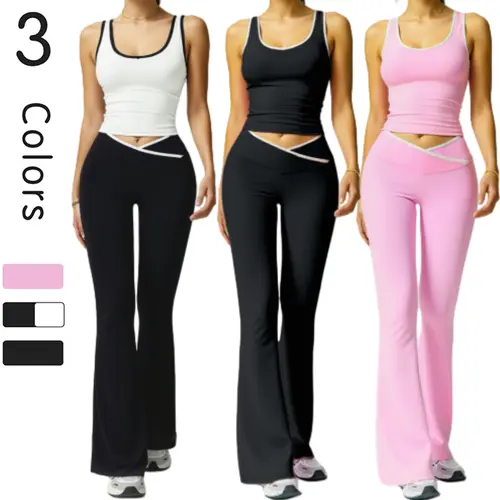 Two-Piece Set Women's Contrast Binding Backless Crop Tank Top & High Waist Flare Leg Pants Tracksuit Set Yoga Workout Running Clothes Athleisure Summer Athletic Sports Clothing Sporty Style