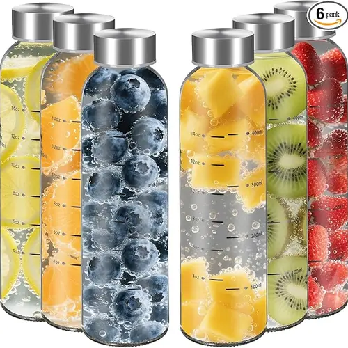 【WINSA】 Reusable Glass Juice Bottles 17oz 25oz 4Pack 6Pack Clear Water Bottle with Stainless Steel Cap 100% Leak Proof BPA Free Drinkware Washable Tumbler for Refrigerator Bottled
