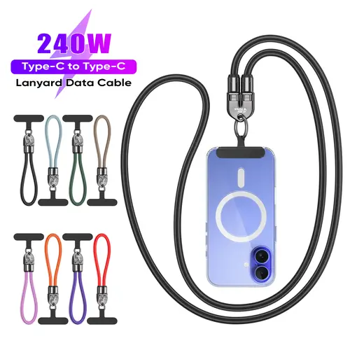 Joytutus Metal 240W USB C Fast Charging Lanyard 7mm Nylon Crossbody/Wrist Strap, Data Sync Accessory for iPhone 16/15, Samsung, Pixel, Smartphone, Cellphone, Earbuds, Travel Gadget