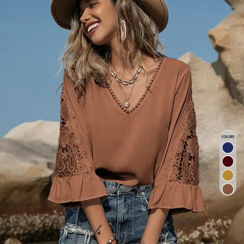 Women's Solid Color V Neck Basic Boho Resort Blouse Shirt, Boho Style Woven Casual Loose 7/8 Sleeve Top for Beach Vacation Holiday, Ladies Clothes for Summer