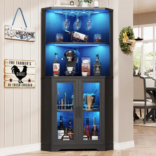 MIIFUNY Corner Bar Cabinet with LED Lights, 65" Tall Wine Cabinet with Glass Holder & Tempered Glass Door, 4-Tier Liquor Alcohol Cabinet & Coffee Bar with Human Body Sensor for Dining Room, Black