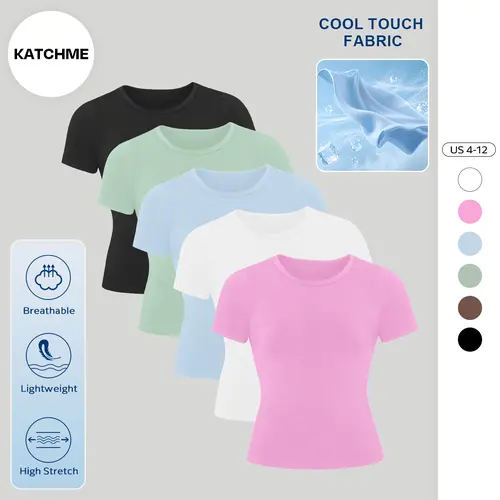 KATCH ME Women's Athleisure Solid Color Round Neck Short Sleeve Yoga Top, Spring & Summer Cool Touch Stretchy Brushed Clothes, Lightweight Quick Drying Gym Outfit #TikTokMadeMeBuyIt #SummerEssentials #CasualTop #QuickDry
