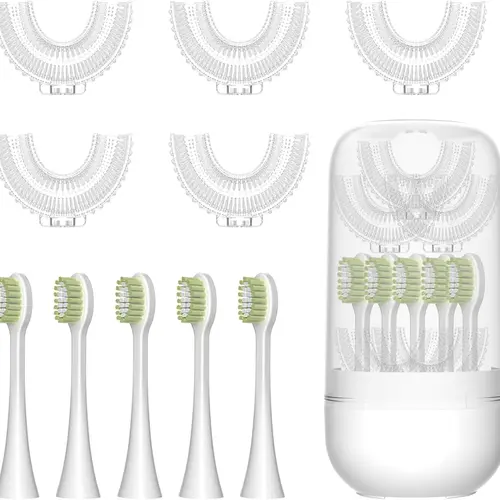 YEKLIKE 10-Pcs Oral Toothbrush Kit - 5 U-Shaped & 5 Bristle Replacement Heads, 1 Polypropylene Storage Box for 2-6 & 7-14 Age Kids, Dental/Teeth Kit Accessory for Personal Care Appliances