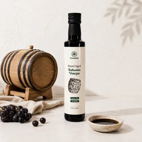 Levantine Barrel Aged Balsamic Vinegar - Single Bottle, Grape-Based, Natural Ingredients, Classic Flavor, Time-Honored Tradition, Vegan, Healthy Choice, Low Calories, Cupboard Staple