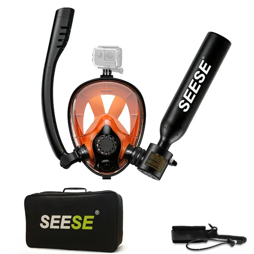 SEESE Mini Scuba Tank (No Inflatable Device) with Snorkel Mask 0.5L Portable Small Diving Tank with Full Face Diving Mask Reusable DOT Certified Pony Bottle Diving Cylinder Kit