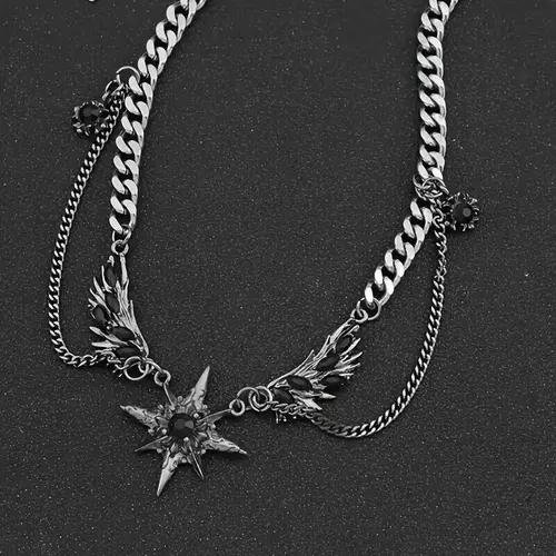 Gothic Vintage Titanium Steel Statement Necklace - Black Gem Shine Star & Wings Cuban Chain Necklaces, Nostalgic Design, 23.6” Adjustable Length Accessories for Costume & Daily Wear