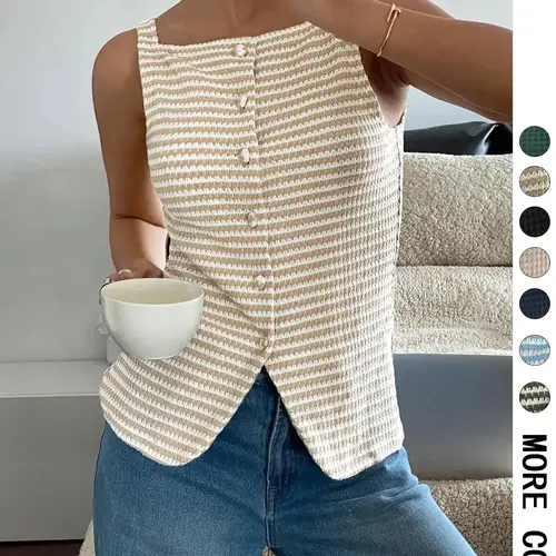 Women's Square Neck Tank Top, Sleeveless Button Closure Top for Daily Wear, Ladies Clothes for All Seasons, Casual Summer Sleeveless Top
