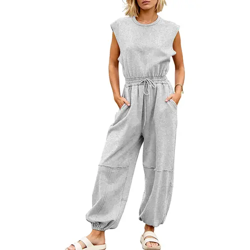 Women's Loose-Fit Sleeveless Round Neck Overalls - 1-Piece Romper Clothing with Pockets, Open Back, Snap Buttons, Lightweight Trending Clothes, Breathable Quick-Drying for Sports & Everyday Outings