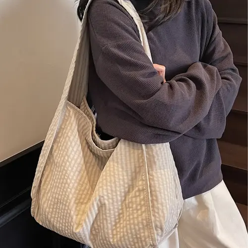 Women's Solid Color Plaid Pattern Zipper Crossbody Bag, Large Capacity Lightweight Waterproof Tote Bag, Quilted Shoulder Bag for Commuting, Travel, Trendy Bag, Casual Fashion Bag, Casual Commuter Bag, Casual Crossbody Bags