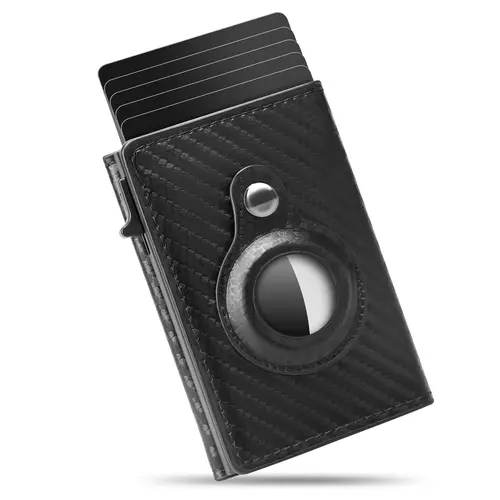 Men's Slim Carbon Fiber Leather Wallet with AirTag Holder, RFID Blocking Pop Up Credit Card Holder, Clean Minimalist Short Wallet for Cards Storage, Father's Day Gift for Him, 0.83In Pocket-Friendly Accessory