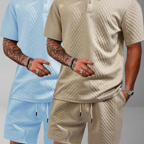 Two-Piece Set Men's Solid Color Polo Shirt & Drawstring Waist Shorts, Regular Fit Casual Short Sleeve Top & Track Shorts, Men's Summer Clothes Outfits Set