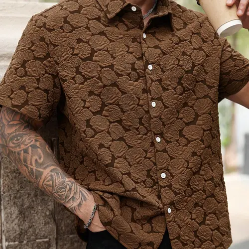 Plus Size Men's Vintage Floral Rose Print Short Sleeve Casual Fashion Shirt, Regular Fit Casual Soft Collared Button-Down Top for All Seasons Daily Wear Menswear
