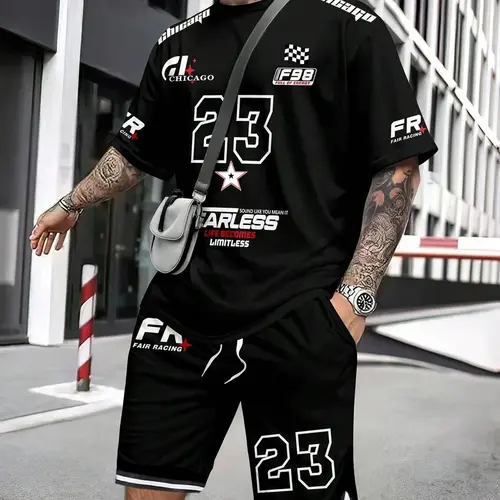 Two-Piece Set Men's Sports Letter Print Short Sleeve T-shirt & Track Shorts Set, Regular Fit Casual Round Neck Tee & Shorts, Men's Summer Clothes Outfit Casual Clothing Set Menswear
