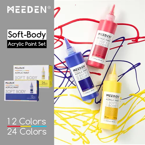 MEEDEN Artist Quality Soft Body Acrylic Paints Set - 24 Pigment-Rich Colorful Hues, 60ml/2 oz Bottles, Quick-Drying Fluid Texture Art Supplies for Canvas, Wood, Glass, Beginner & Student-Friendly Office Stationery