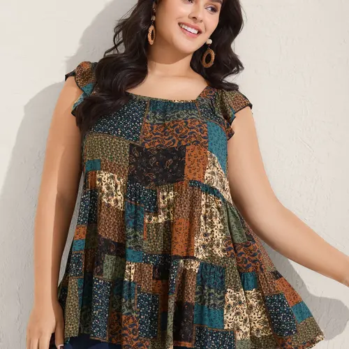 BLOOMCHIC Plus-Size Rayon Tank Top - Women's Casual Boho Sleeveless Multicolor Square Neck Top, Floral Collage & Plaid Print Layered Fitted Tunic, Breathable Plussize Boho Outfits for Summer 2026,Summerfinds,back to school,back to school shopping