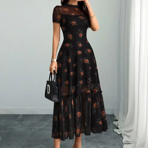Elegant Aesthetic Women's Spring Summer Gothic Floral Dress with Double Layer Rose Print, Breathable Mesh Short Sleeves, Fitted Waist and Flared Hem, Boho Fashion Casual, Casual Wear, Casual Chic Fitted, Boho Casual Comfy, Boho Printed Dress