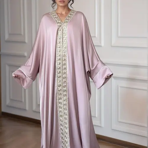 Embroidered Lace Trim Loose Fit Embellished Open Abaya Kimono Style Satin Modest Muslim Dress Islamic Modesty Clothes Loose Abayas
