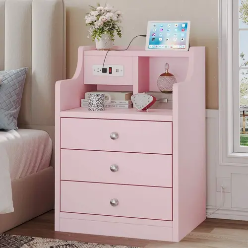 Sikaic 3 Drawer Nightstand with Charging Station, Pink Modern Nightstand with USB Ports, Power Outlets and Bedroom Storage