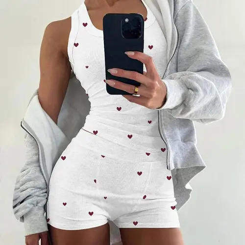 CHICME Women's 2-Piece Heart Pattern Matching Pajama Set – Sleeveless U-Neck Tank Top & Stretchy Waist Shorts Cozy Loungewear