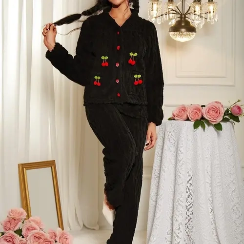 Women's Cherry Decor Fuzzy Lounge Set, Elegant Casual Long Sleeve Top & Pants Set, Women's Sleepwear for Fall & Winter, Pajama, Loungewear