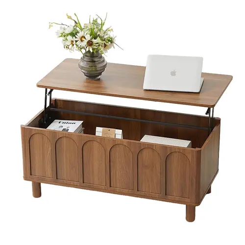 Giratree Lift Top Coffee Table with Arched Finish, Modern Coffee Table with Lifting Tabletop & Hidden Storage, Wood Center Table for Living Room,Convenient for Dining, Gaming or Working