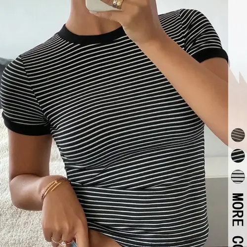 Women's Striped Print Round Neck Tee, Casual Short Sleeve Slim Fit Knit T-shirt Tops, Ladies Summer Everyday Clothes for Daily Wear