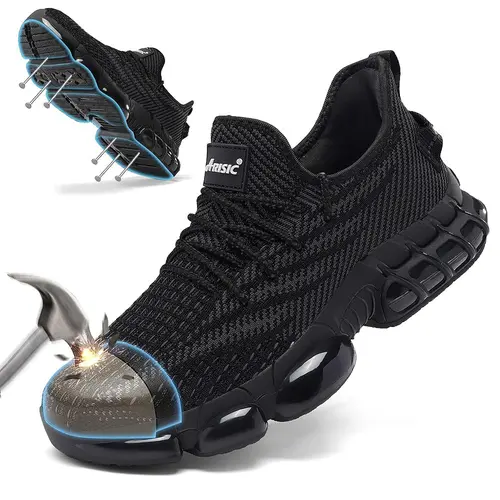 ARISIC Men's Steel Toe Lightweight Work & Safety Footwear - Non-Slip, Puncture-Res., Wear-Resistant, Heavy-Duty Black Industrial Protection Shoes for Construction Workers, Non Slip Shoes for Work