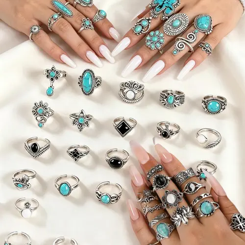 Boho Style Turquoise Decorated Ring Set, Vintage Stackable Rings for Women & Men, Fashion Accessories for Daily Wear, Trendy All-match & Exquisite Jewelry for Birthday Gift