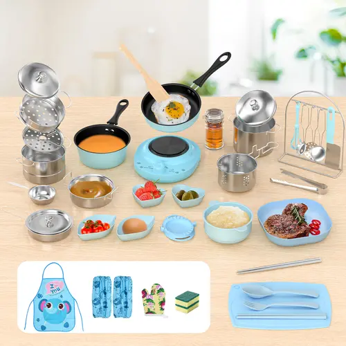 GOTOOFUN Kids Cooking Set for Ages 8-12 (Pink/Blue) - Child Safe Kitchen & Food Toys, Interactive Multi-Piece Pretend Play Kit with Safe Knife, Play Food, Montessori Life Skills Tools, Birthday Holiday Gift