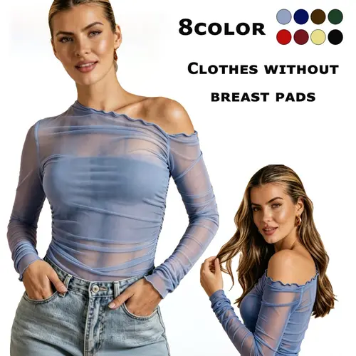 Women's Plain One Shoulder Tee, Trendy Chic Minimalist Casual Elegance Long Sleeve Fit T-shirt for Daily Wear, Ladies Summer Sheer Top