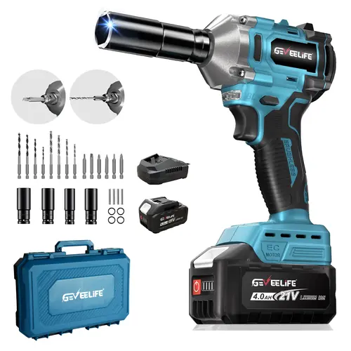 GEVEELIFE Lightweight 3-in-1 Cordless Brushless Impact Wrench Kit (1/2" Drive, 450N.m/332Ft-lbs) - 1*4.0Ah Battery, Fast Charger, Sockets, Car Tools for Car/Truck Repair, Gifts for Dad, Cordless Drill Set Batteries Included