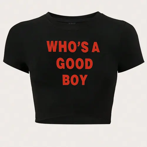 Women's "WHO'S A GOOD BOY" Slogan Print Round Neck Crop Tee, Fashion Casual Chic Minimalist Crew Neck T-shirt for Daily Holiday Vacation Outdoor Wear, Ladies Clothes for Summer
