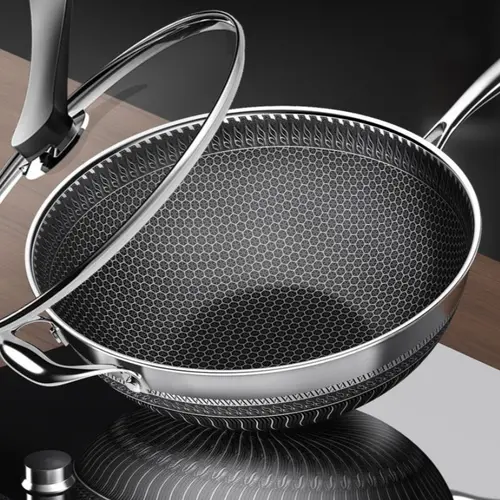 CNCEST 13.4" Professional 316 Surgical-Grade Steel Wok - Magnetic Steel Pot (Magnetic Pan), Honeycomb Non-Stick Coating, Heat-Safe Pots, Durable, Glass Lid Included, Gas & Induction Compatible, Nonstick Durable Cooking