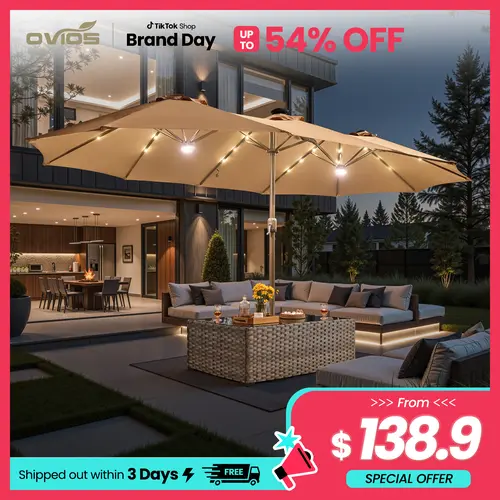 【Back To School】OVIOS 15FT Double-Sided Patio Umbrella with Dual Center Lights & 36 LED Solar Lights, Large Rectangular Market Umbrella with Crank Handle, Umbrella Table & Base Included