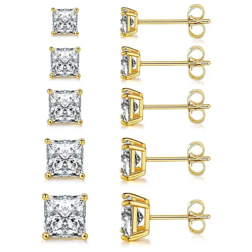 MDFUN Iced Out Princess Cut Stud Earrings Set, 5 Pairs Cubic Zirconia Earrings for Women & Men, Hypoallergenic Daily Wear Jewelry