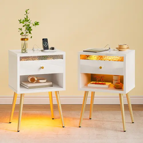 Pinmoco 2-Piece Modern LED Nightstand Set - Particle Board Smart Bedroom Furniture with Ambient Light for Bedroom, 2-Way LED Install, Charging Station, Drawer, Open Storage, Antislip Pads, Charge Phone by the Bed for Small Spaces