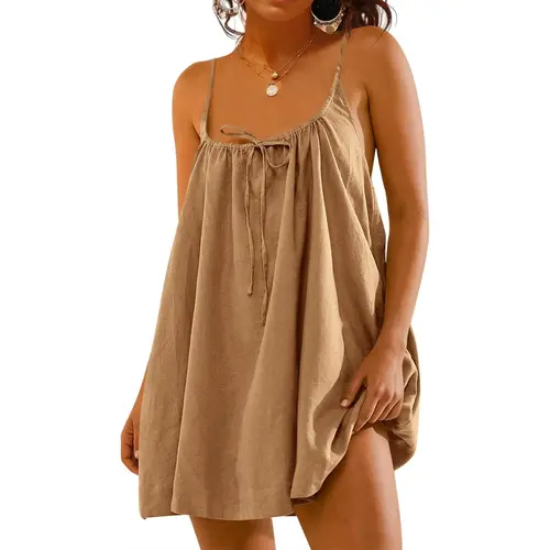 Goranbon Womens Spaghetti Strap Swimsuit Coverup Summer Linen Tie Backless Sleeveless Beach Cami Mini Dress with Pockets