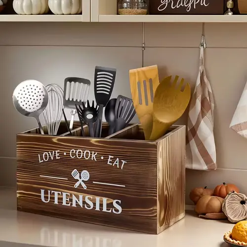 Rustic Brown Wooden Utensil Organiser - 3-Compartment, 11.8" Wide Kitchen Counter Storage Caddy for Cooking Utensils, Knives, Farmhouse Kitchen Accessories