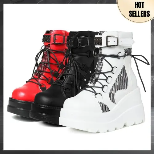 AOSPHIRAYLIAN Women's Platform Ankle Boots - Chunky High Heels Lace-Up Booties, Goth Grunge Aesthetic, Alt Outfits Party Wear, Round Toe Motorcycle Wedges, Alternative Style Shoes, Casual Wear, Faux Leather