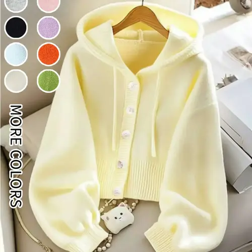Women's Solid Button Front Hooded Cardigan, Basic Knit Cardigan, Lady Casual Long Sleeve Cozy Knitwear Knitting for Fall & Winter, Women's Knit Clothing for Daily Wear, Womenswear Tops, Casual Cardigans, Everyday, Fitted Knitwear